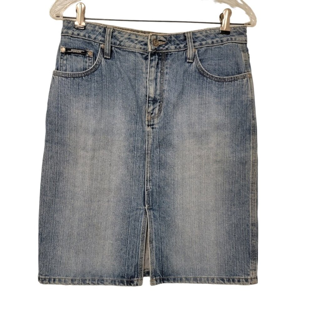 Squeeze Stephen Hardy Denim Skirt Vintage Y2K Women's‎ 9/10 Blue Jean Front Slit